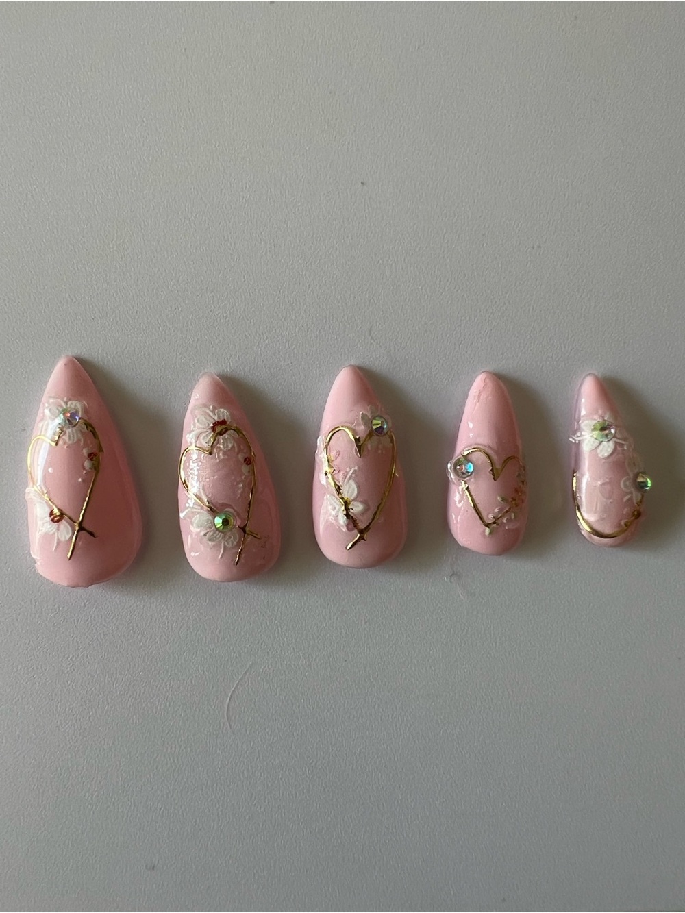 Pink and White Heart & Floral Press-On Nail Set with Gold Accents